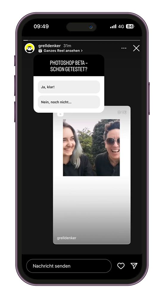 Instagram: Beispiel einer Grelldenker-Story mit Designelement für mehr Interaktion